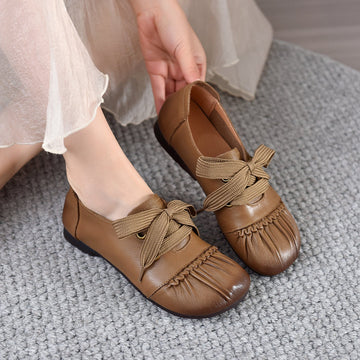 Vintage Elegant Leather Soft Sole Shallow Lace-Up Flat Shoes