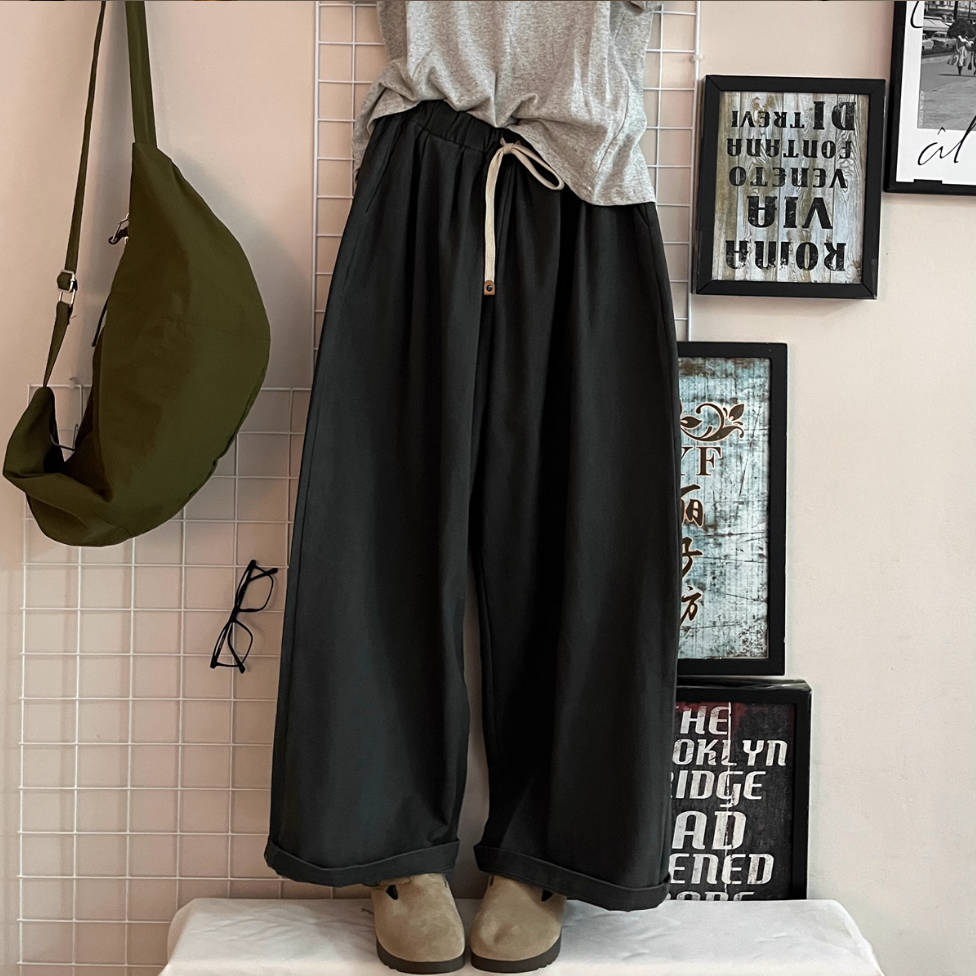 Casual Cotton Washed Loose-Fitting Lace-Up Solid Color Pants