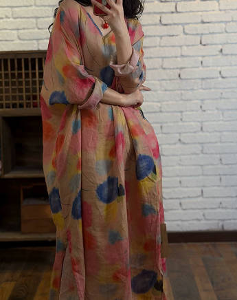 Vintage Ramie Pink Print Resort-Style V Neck Loose Drop-Shoulder Dress