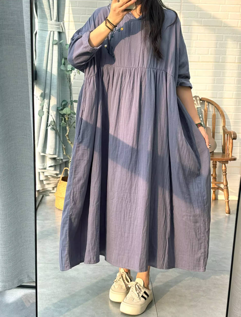 Retro Cotton Embroidered Plus Size Loose Hoodies Dress With Pockets