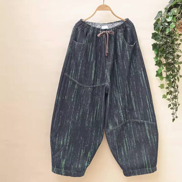 Retro Denim Striped Printed Stylish Plush Warm Harem Pants