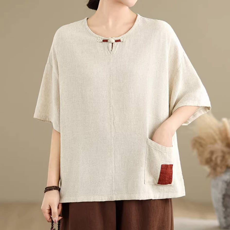 Round Neck Linen Loose Pocket Patchwork Breathable Tops