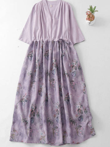 Retro Women Ramie Round Neck Loose Patchwork Printed Long Dress