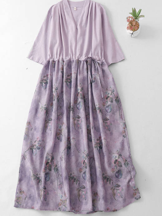 Retro Women Ramie Round Neck Loose Patchwork Printed Long Dress
