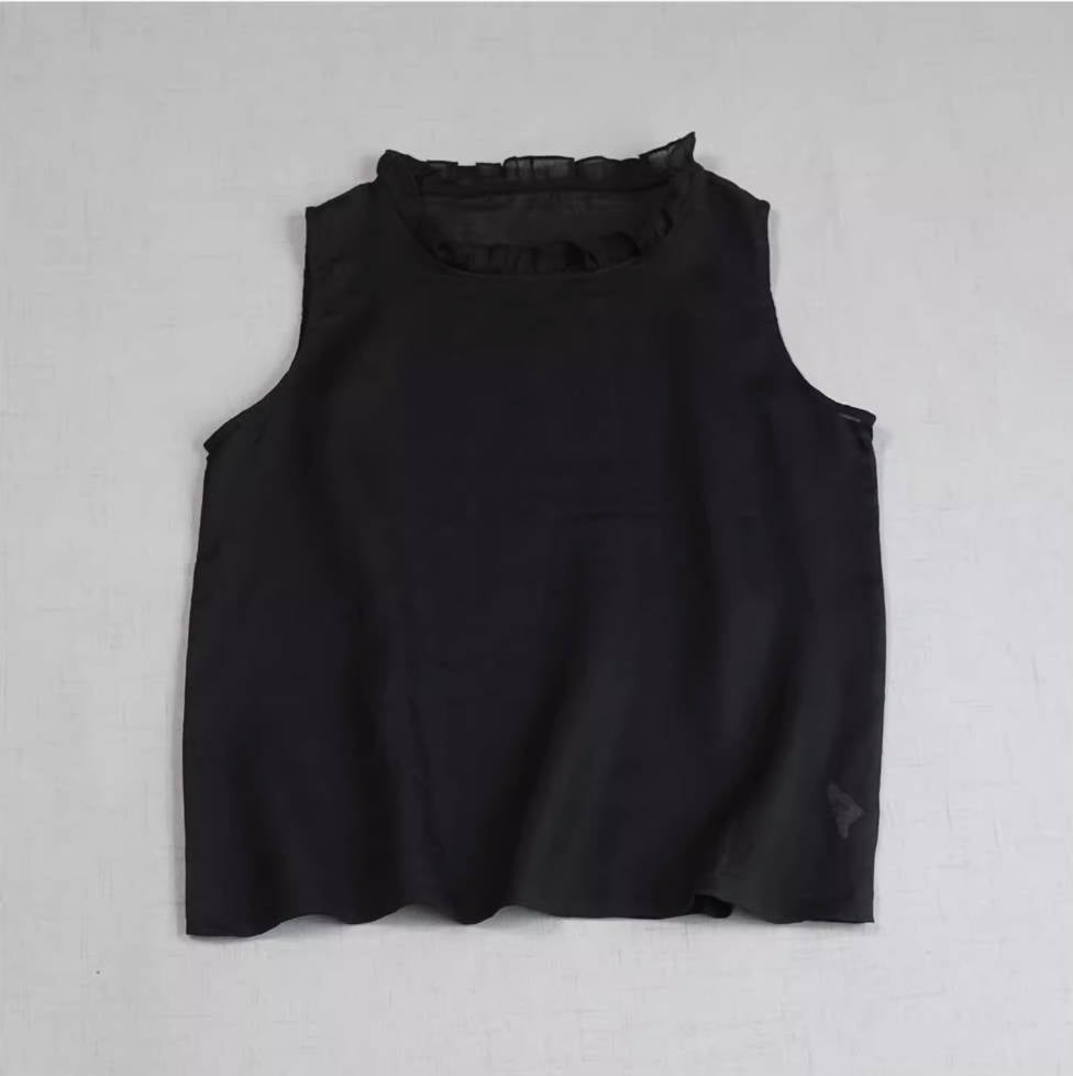 Summer Retro Ramie Thin Ruffled Collar Sleeveless Top