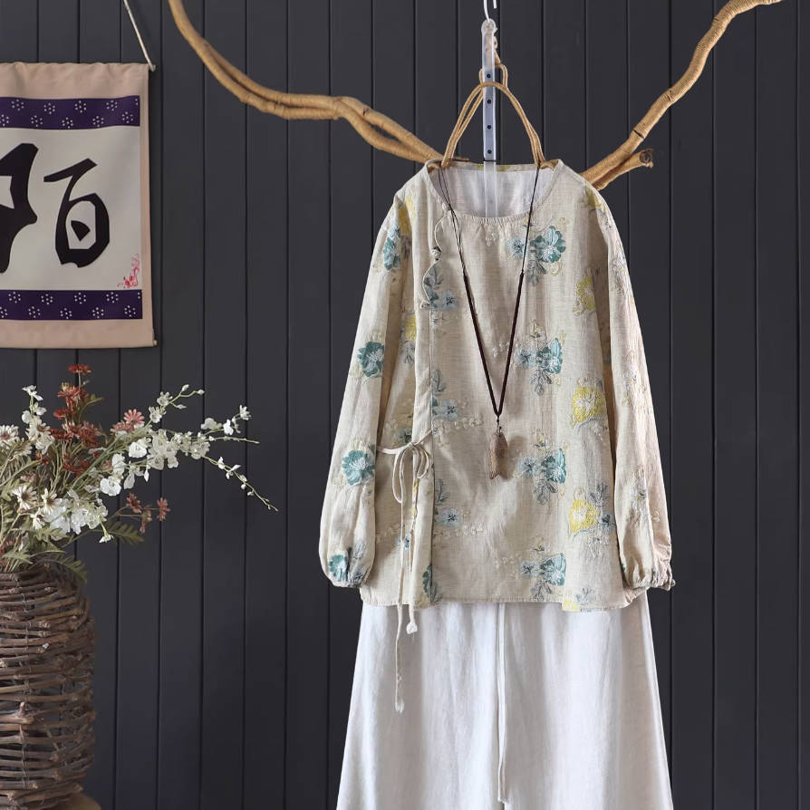 Spring Linen Round Neck Retro Embroidered Lace-Up Tops