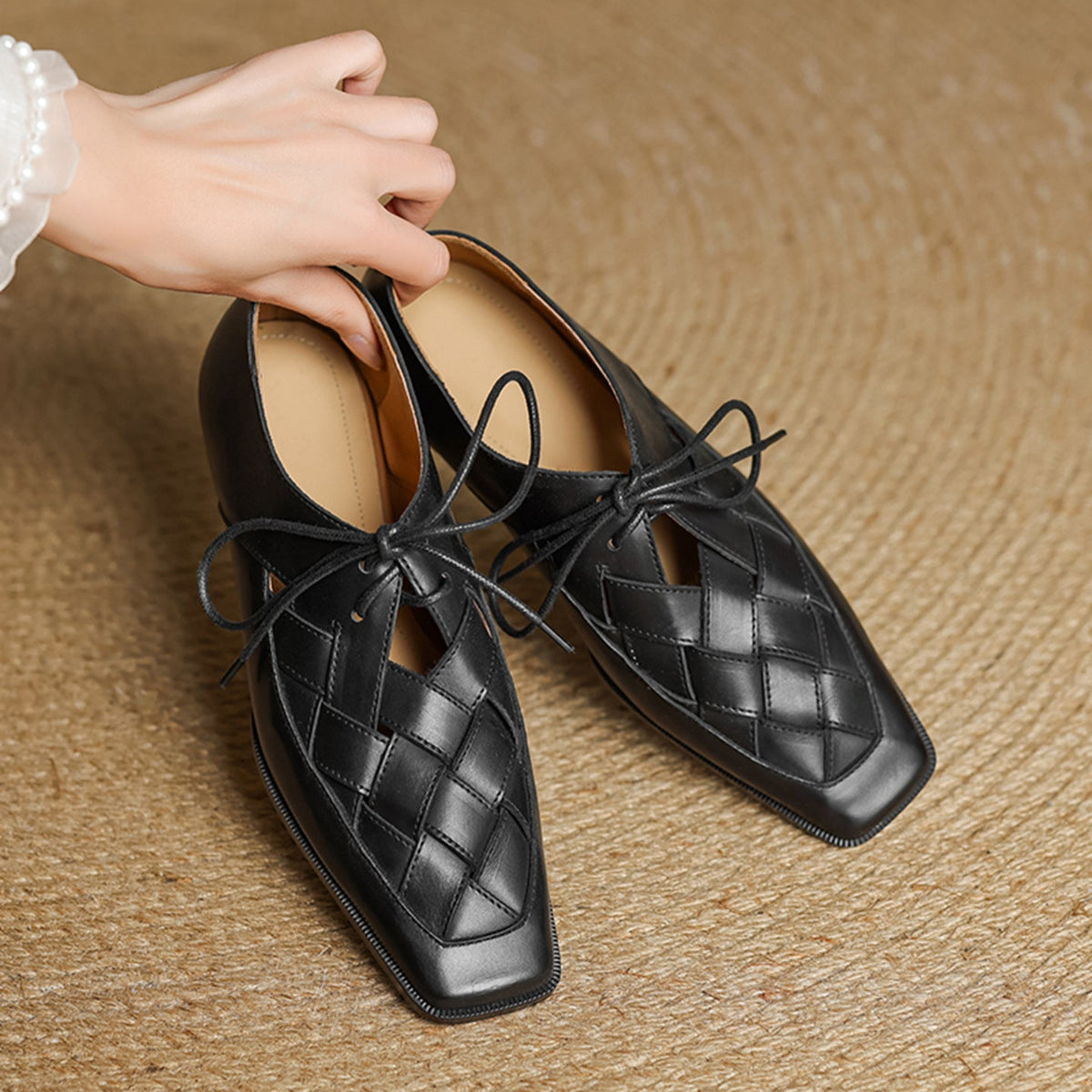 Elegant Leather Woven Square Toe Lace-Up Flat Shoes