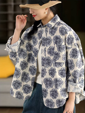 Spring Retro Fashion Linen Printed Casual Loose Floral Shirt