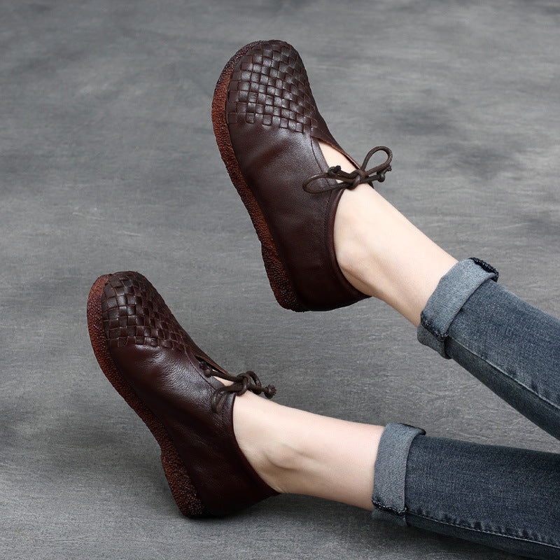 Retro Leather Woven Square Toe Lace-Up Everyday Comfy Flats