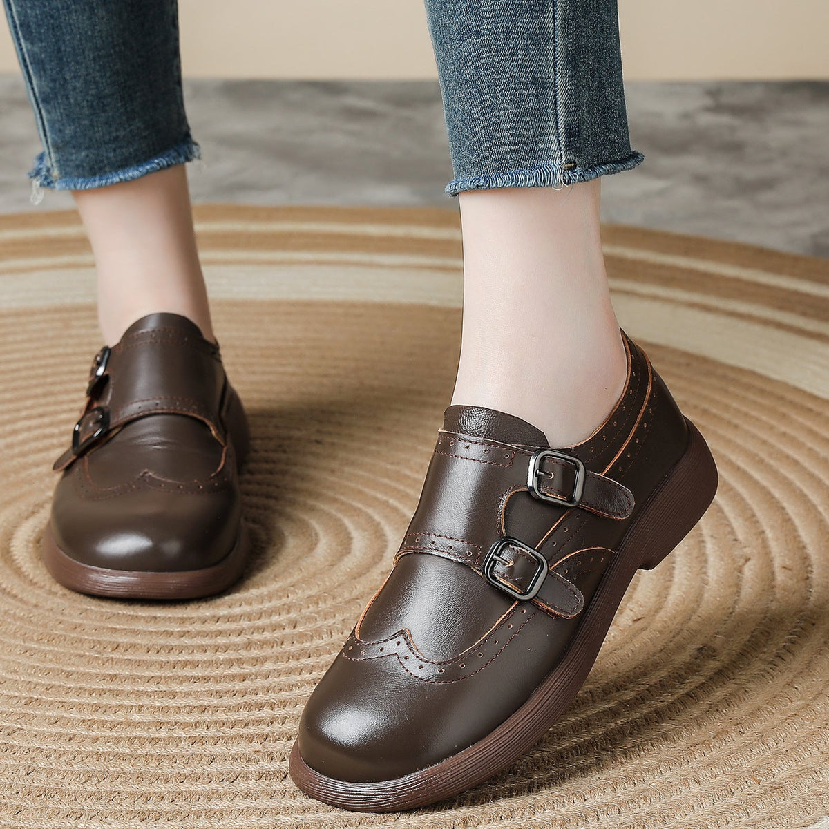 Spring Top Leather Retro Straped Casual Soft Sole Versatile Slip-On Shoes