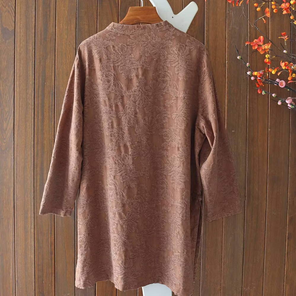 Women Autumn Linen Stand Collar Brown Printed Chinese Style Long Shirt