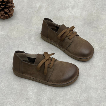 Simple Versatile Genuine Leather Lace-Up Light Soft Sole Flats