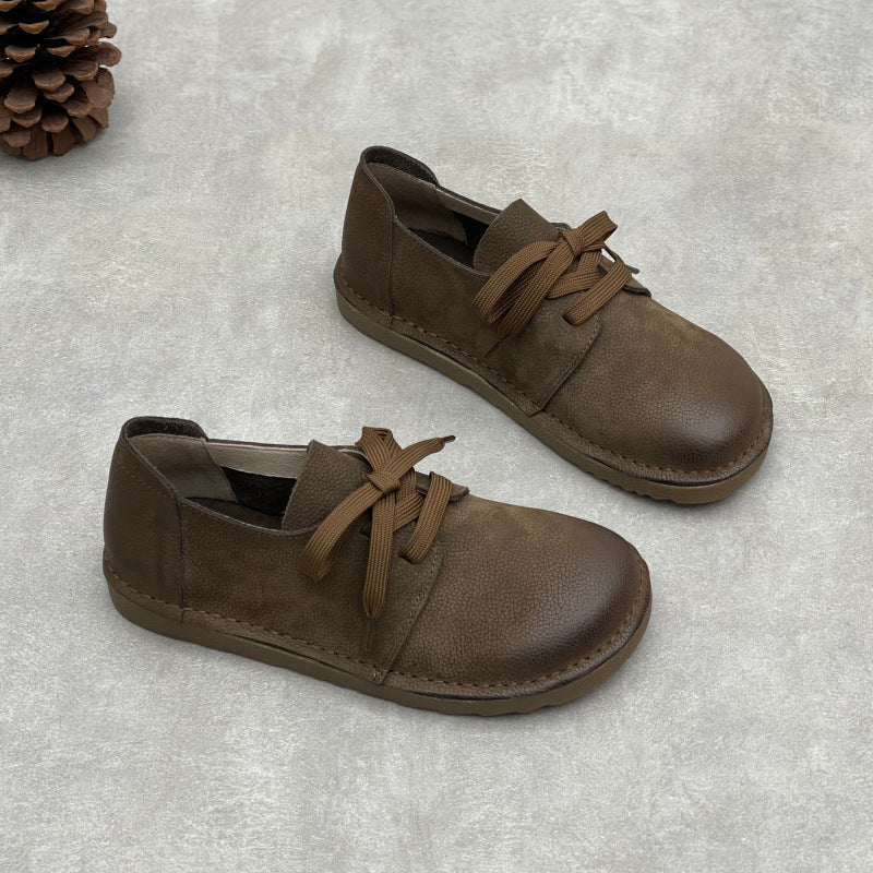 Simple Versatile Genuine Leather Lace-Up Light Soft Sole Flats
