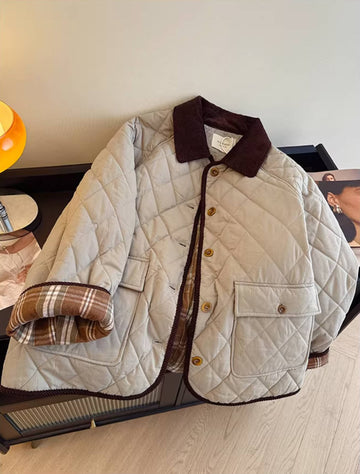 Winter Fashion Cotton Plaid Patchwork Warm Loose Coat