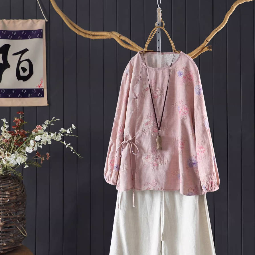 Spring Linen Round Neck Retro Embroidered Lace-Up Tops