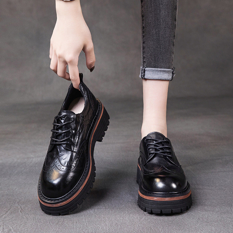 Spring Retro Leather Round Toe Platform Thick Soft Sole Flats