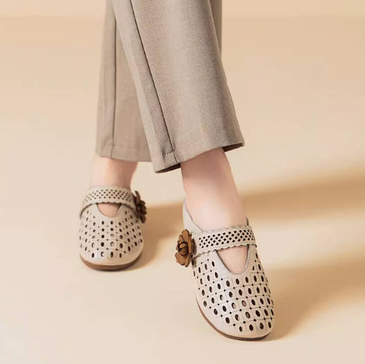 Retro Summer Leather Hollow Out Closed Toe Soft Flat Sole Sandals