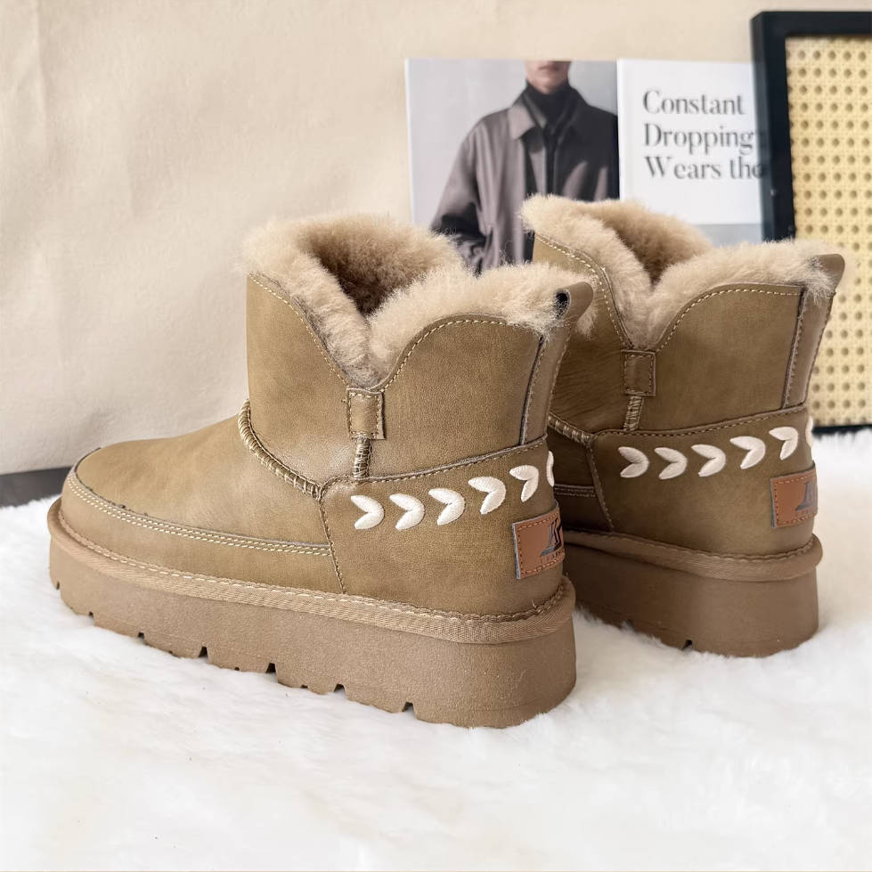 Winter Leather Thick Soft Sole Woolen Warm Embroidered Ankle Boots