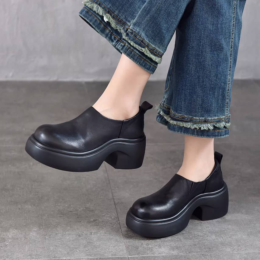 Top Leather Casual Thick Sole Platform Round Toe Slip-On Shoes
