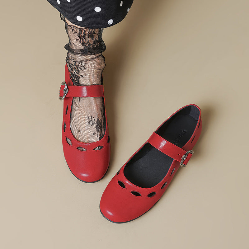 Sheepskin Leather Round Toe Hallow One Straped Soft Flat Shoes