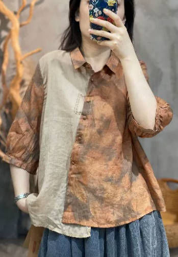 Vintage Casual Ramie Patchwork Short Sleeve Turn Down Collar Top