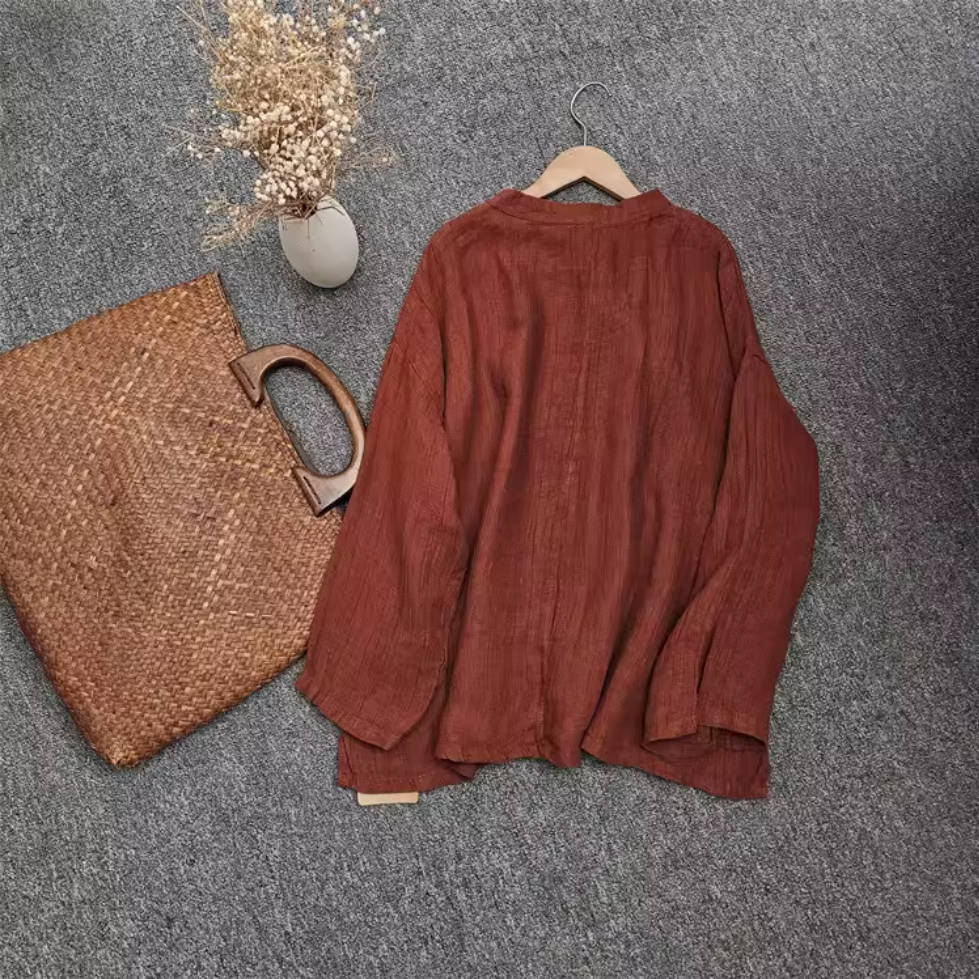 Solid Color Retro Linen Stand Collar Frog Button Versatile Tops