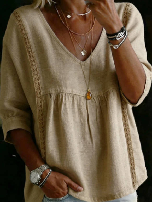 Spring Linen Solid Color V-neck Casual 3/4 Sleeve top