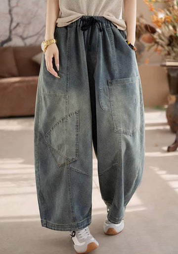 Retro Spring Denim Washed Wide Leg Loose Elastic Waist Casual Jeans