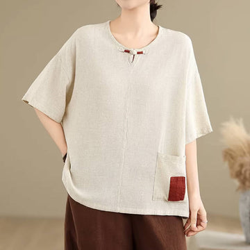 Round Neck Linen Loose Pocket Patchwork Breathable Tops