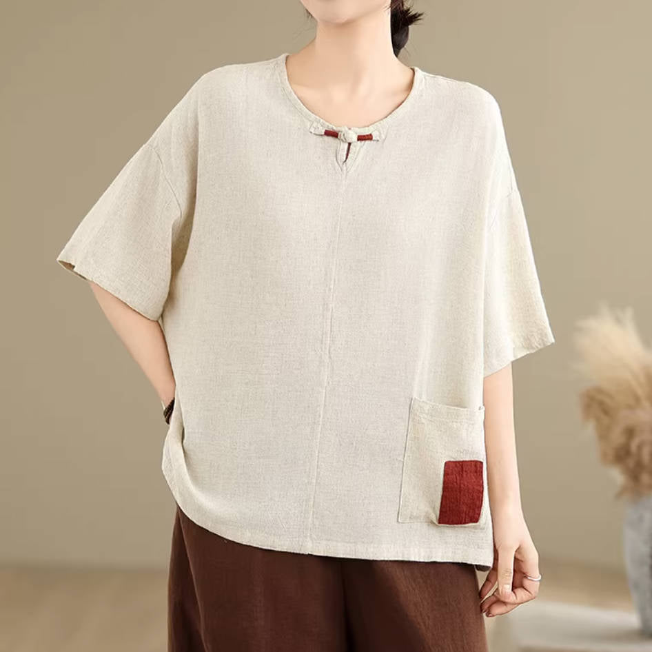 Round Neck Linen Loose Pocket Patchwork Breathable Tops