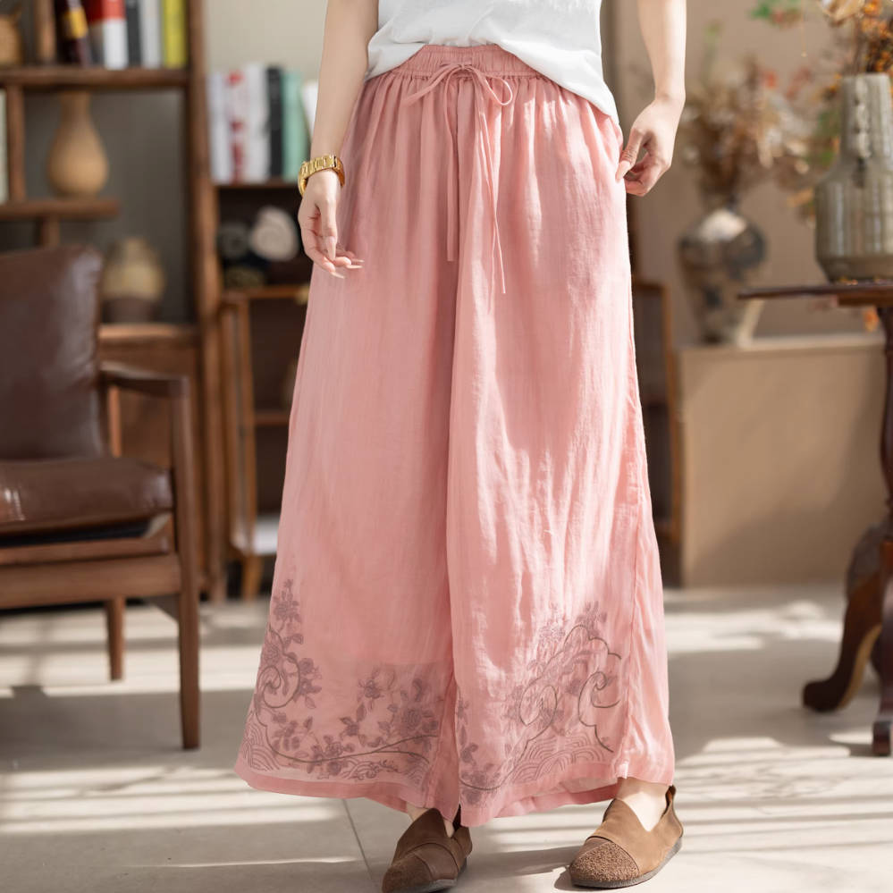 Spring Ramie Loose Embroidered Elastic Waist Lace-Up Pants