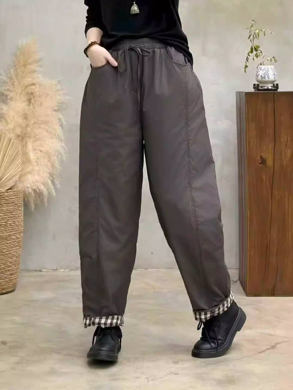 Winter Cotton Retro Double-Face Plaid Lace-Up Harem Pants
