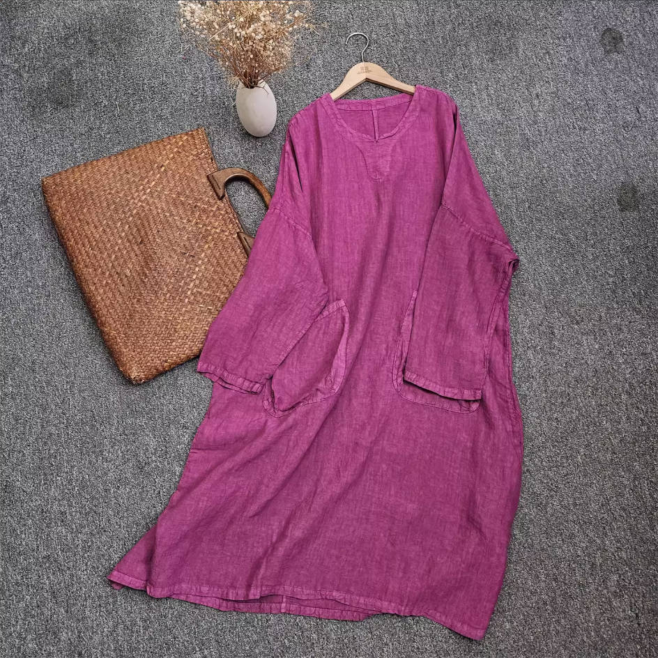 Spring Linen Round Neck Solid Color Loose Sleeves Long Tops