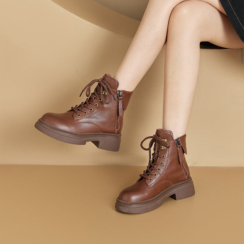 Vintage Top Leather Casual Fashion Double Zippers Lace Up Boots