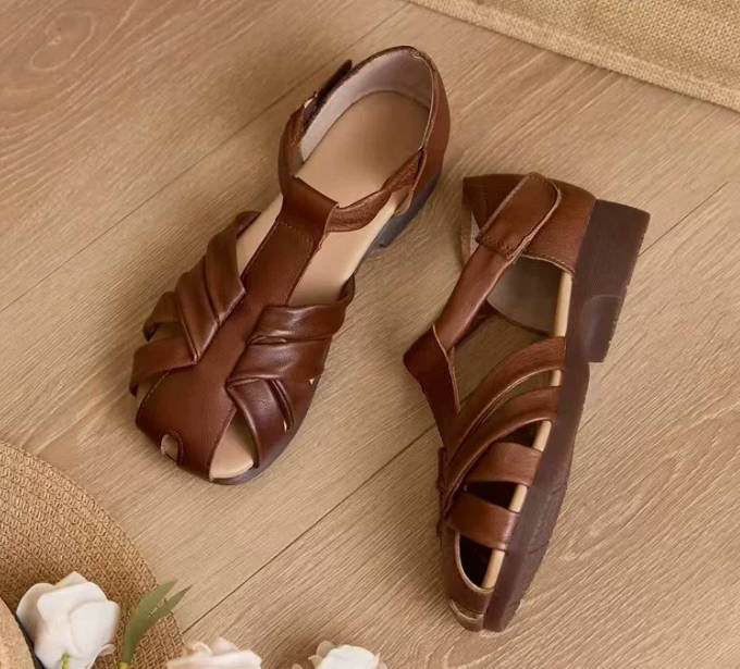 Vintage Leather Round Toe Slip On Comfortable Versatile Loafers Sandals