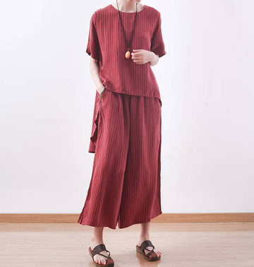 Simple Cupro Silk Striped Slimming Loose Irregular Casual Shirt Cropped Wide-Leg Pants Set