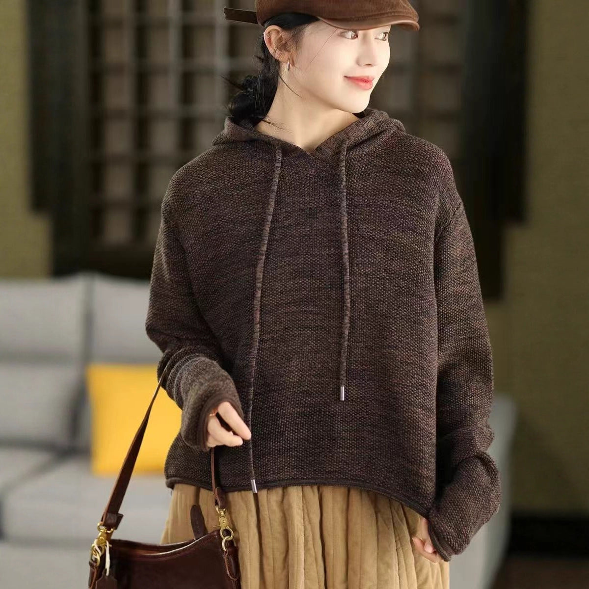 Spring Retro Cotton Knitted Solid Color Loose Casual Hoodies