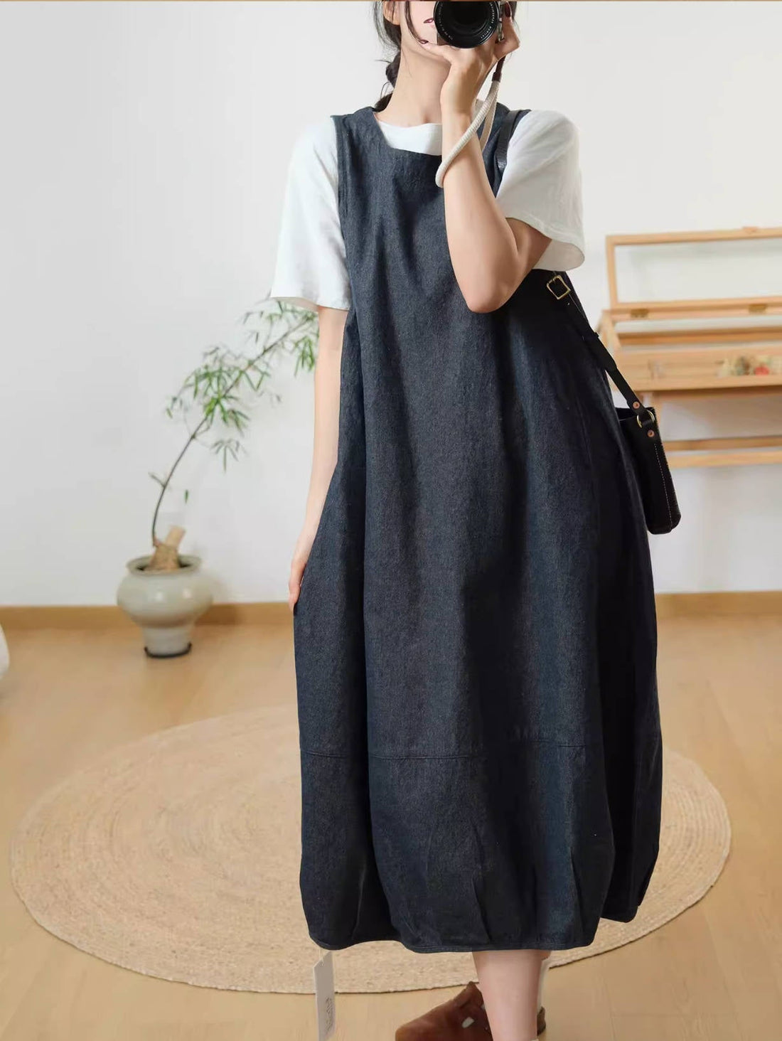 Summer Retro Denim Blue Round Neck Sleeveless Loose Pocket Dress