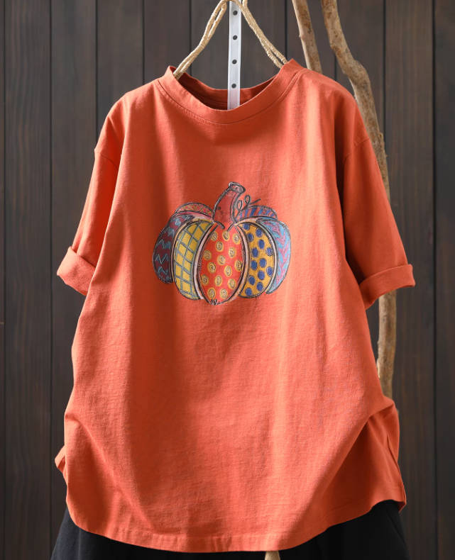 Spring Cotton Casual Pumpkin Short Sleeve Round Neck T-Shirts
