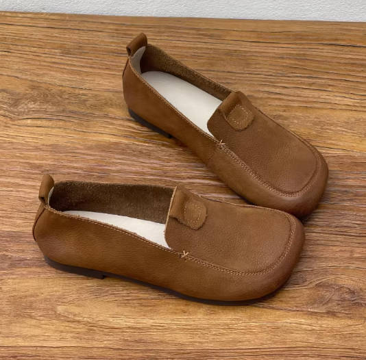 Vintage Genuine Leather Square Toe Soft Sole Slip-ons