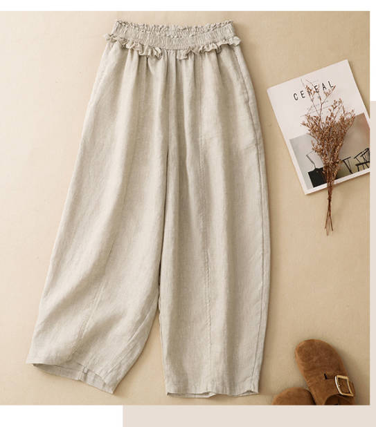 Spring Casual Cotton Ruffled Elastic Waist Straight-Leg Pants