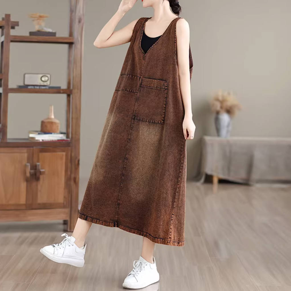 Vintage Denim Brown V-Neck Sleeveless Loose Fashionable A-Line Dress