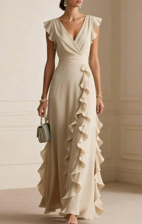 Vintage Women Solid Color Chiffon V Neck Ruched Short-Sleeve Dress