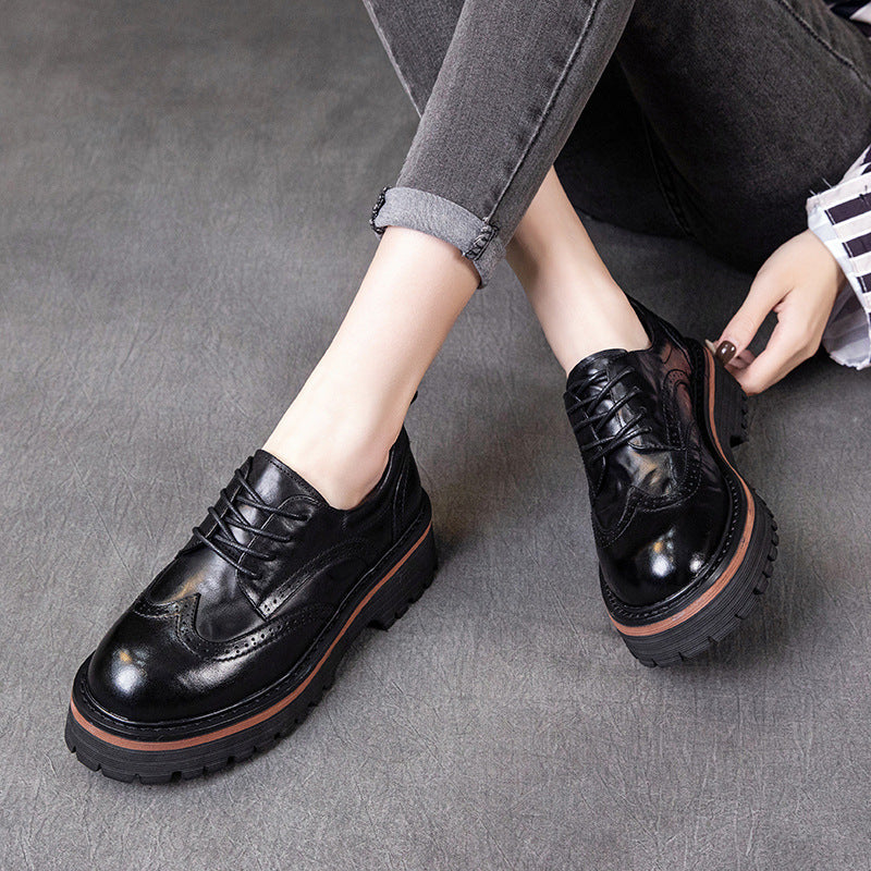 Spring Retro Leather Round Toe Platform Thick Soft Sole Flats