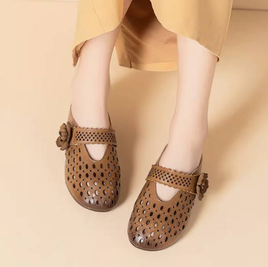 Retro Summer Leather Hollow Out Closed Toe Soft Flat Sole Sandals