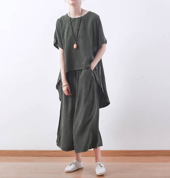 Simple Cupro Silk Striped Slimming Loose Irregular Casual Shirt Cropped Wide-Leg Pants Set
