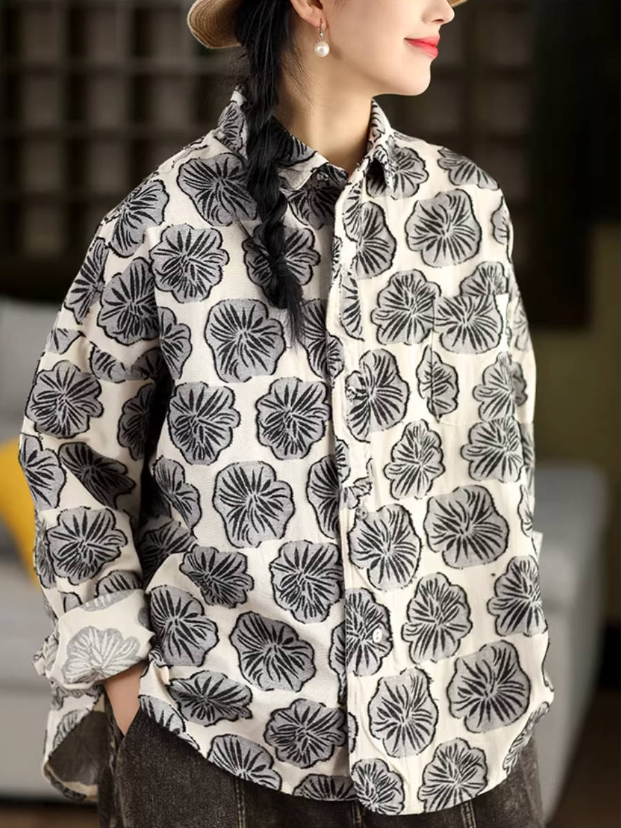 Spring Retro Fashion Linen Printed Casual Loose Floral Shirt