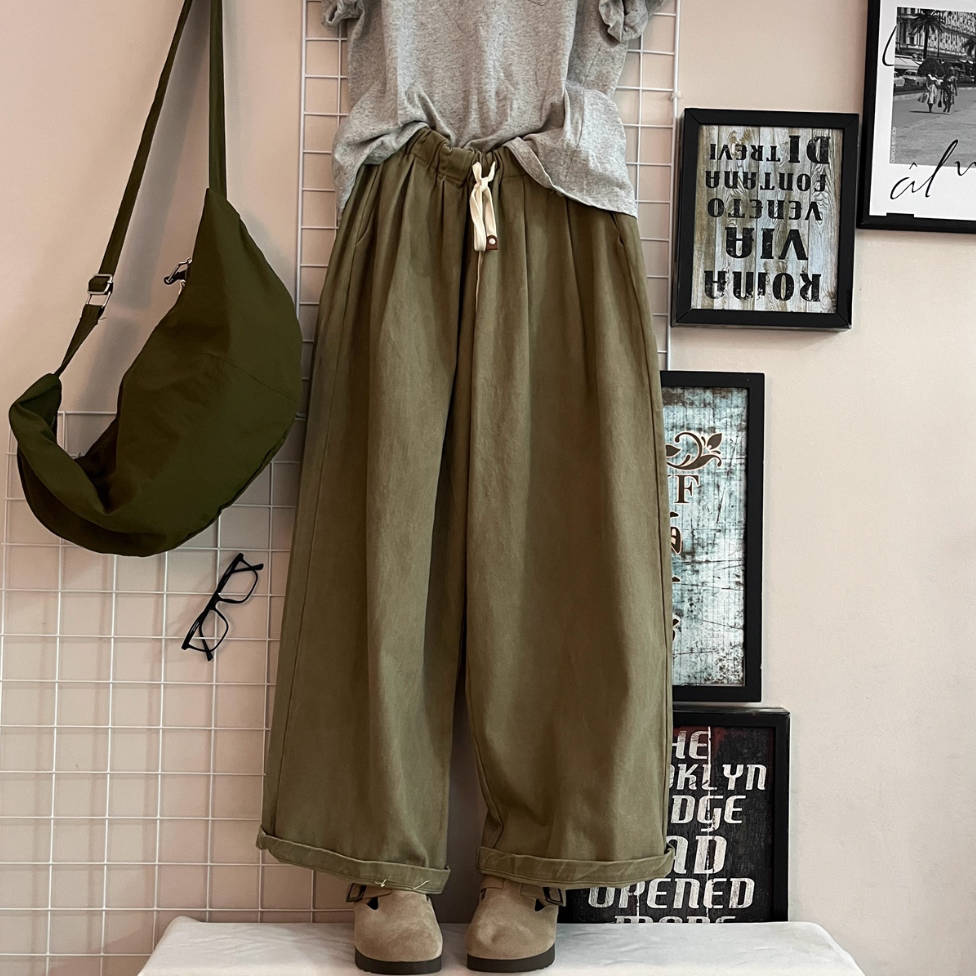 Casual Cotton Washed Loose-Fitting Lace-Up Solid Color Pants