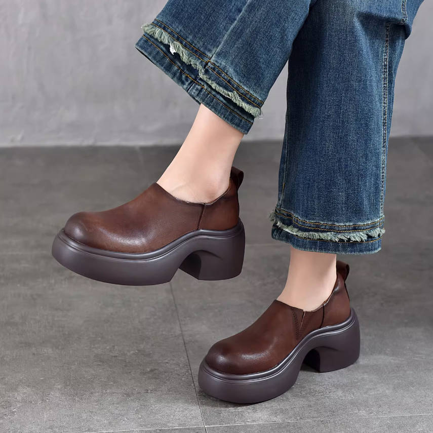 Top Leather Casual Thick Sole Platform Round Toe Slip-On Shoes