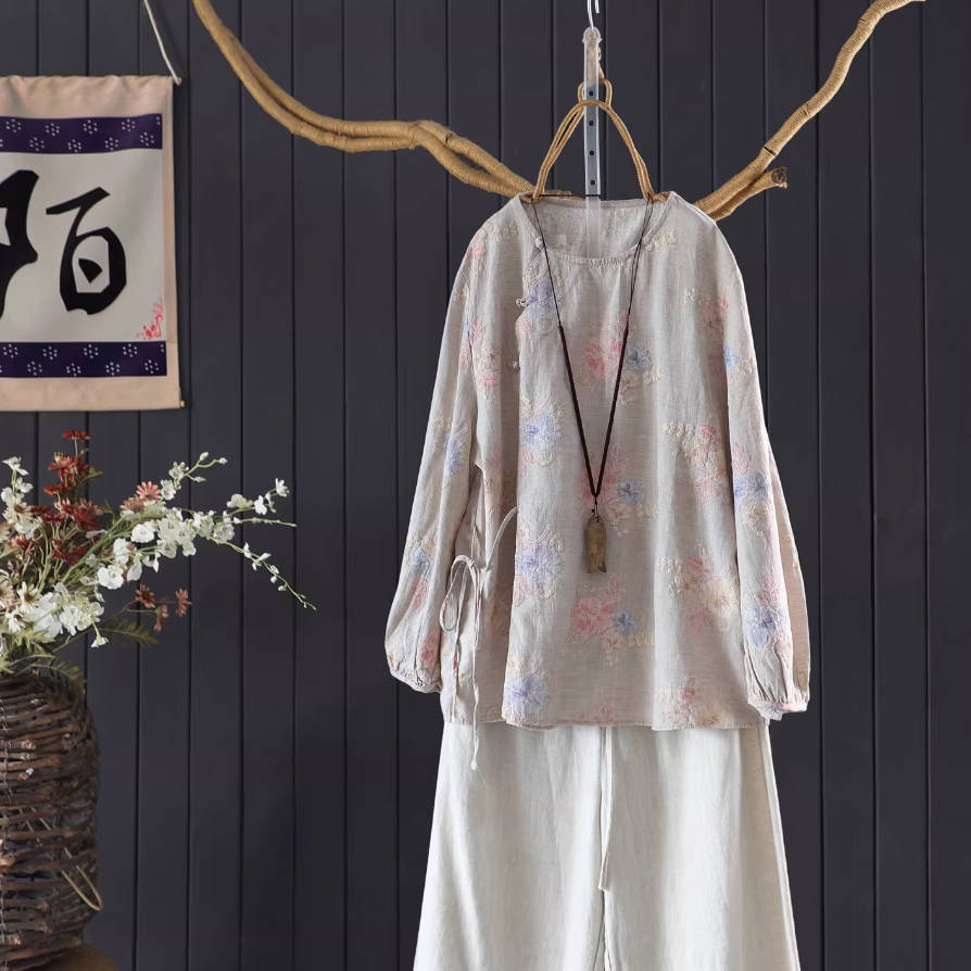 Spring Linen Round Neck Retro Embroidered Lace-Up Tops